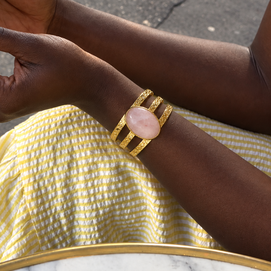 Blush & gold | SAÉA Rose Quartz Triple Band Cuff Bracelet