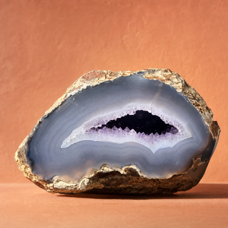A polished geode specimen with layered gray and blue amethyst bands, a dark central cavity, and a purple crystal interior, set against a warm terracotta background.