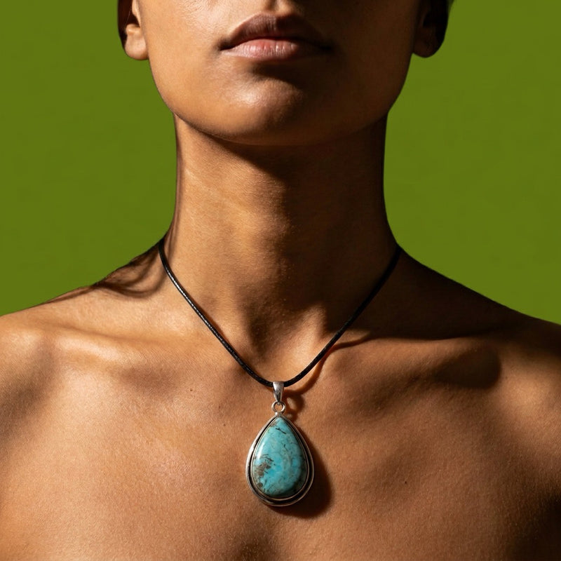 SAÉA Turquoise Teardrop Pendant on Black Leather Cord