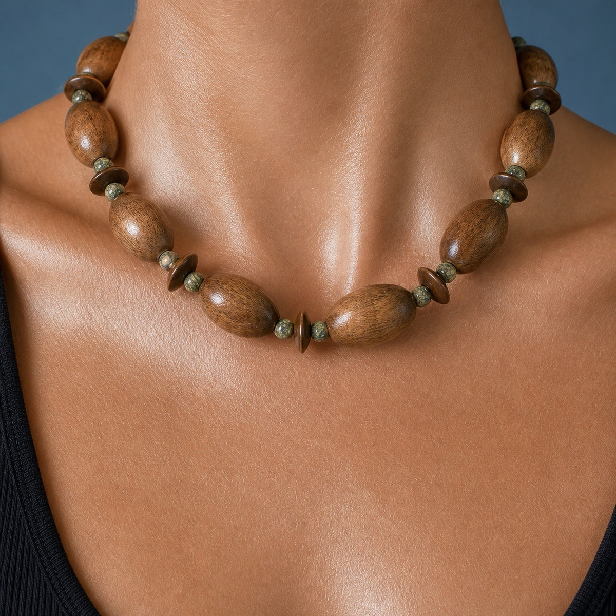 SAÉA Wood & Serpentine Chunky Beaded Necklace | Vintage, One of One