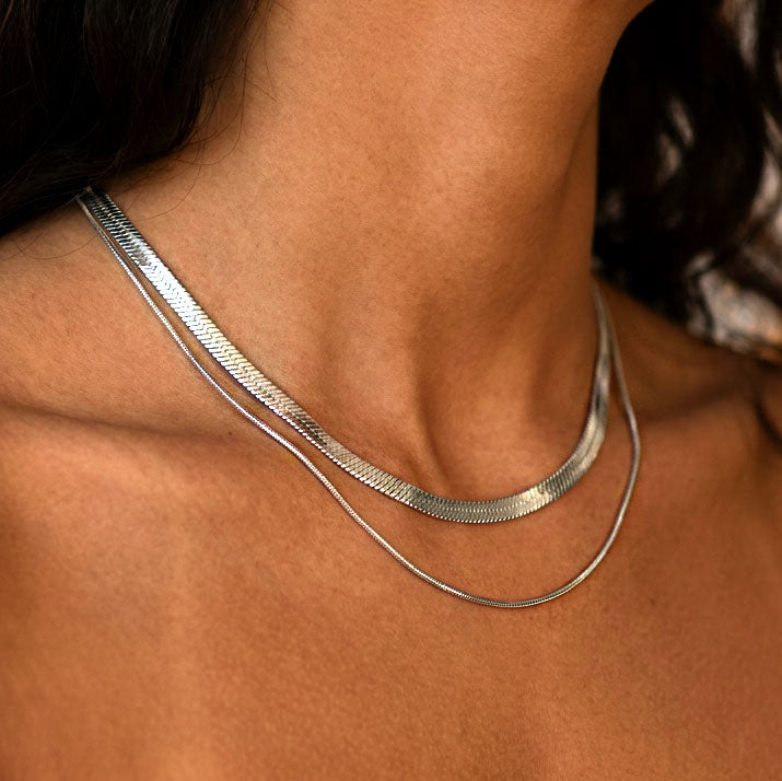SAÉA Herringbone & Snake Chain Layering Necklace Set in Silver