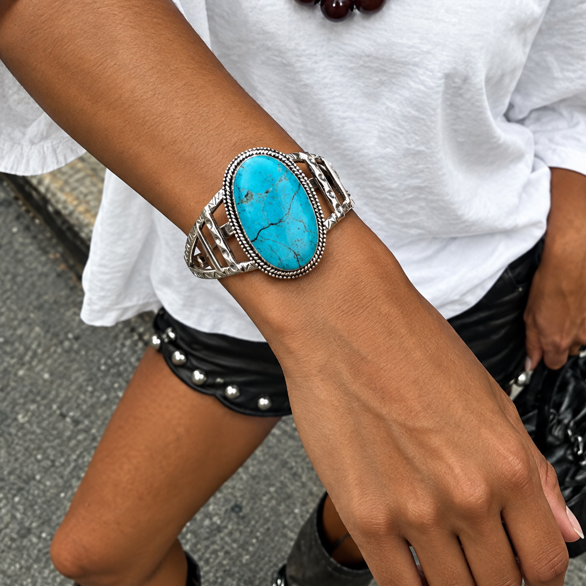 Large Turquoise blue | SAÉA Oval Turquoise Ladder Cuff Bracelet in Sterling Silver