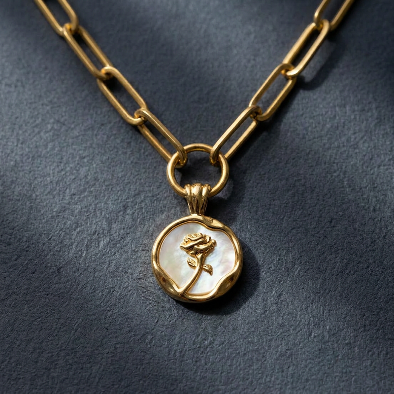 SAÉA Mother of Pearl Rose Paperclip Necklace – 18” Gold Chain