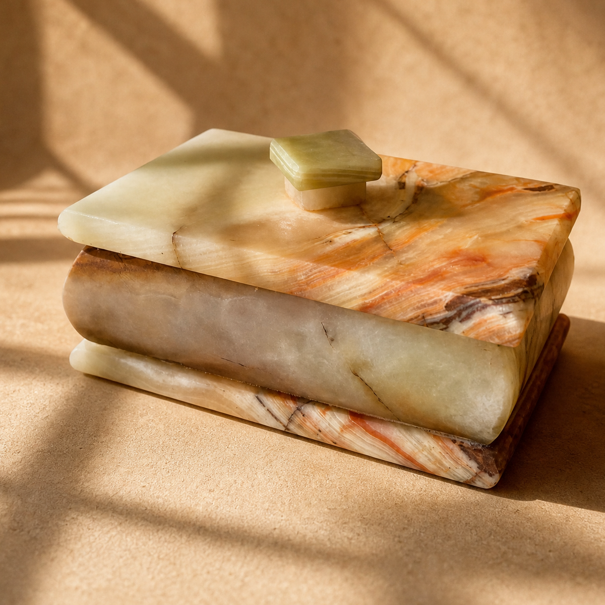 Sage-green onyx lidded box with square knob, cream and amber body, in warm light