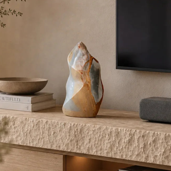 Apricot & Grey Rust Flame — SAÉA Polychrome Jasper Sculpture, styled in a room