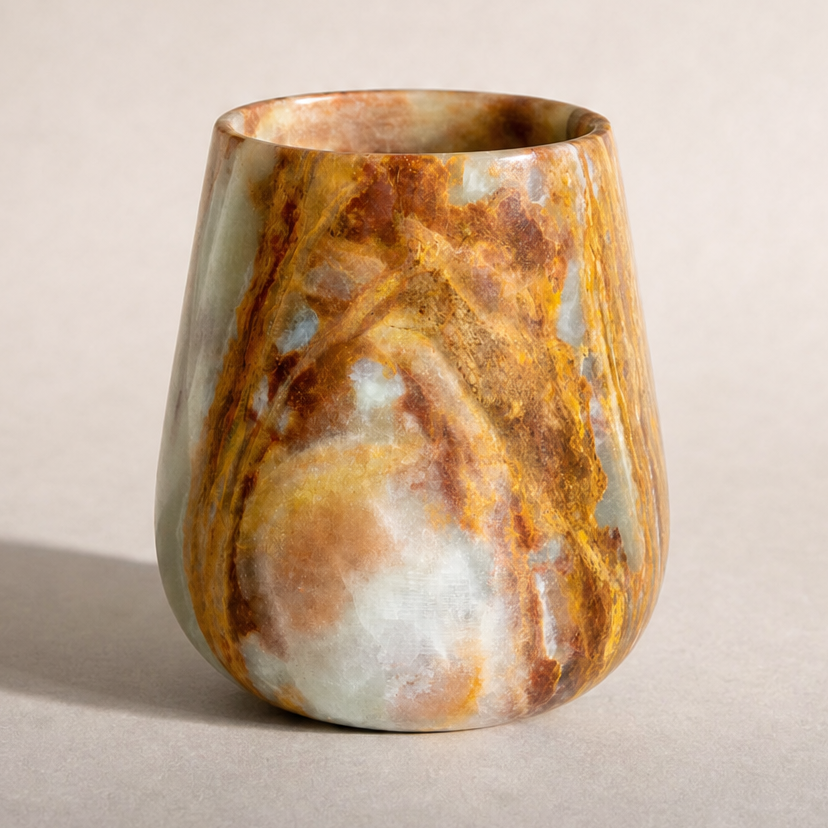 Marble-patterned jar on a neutral background