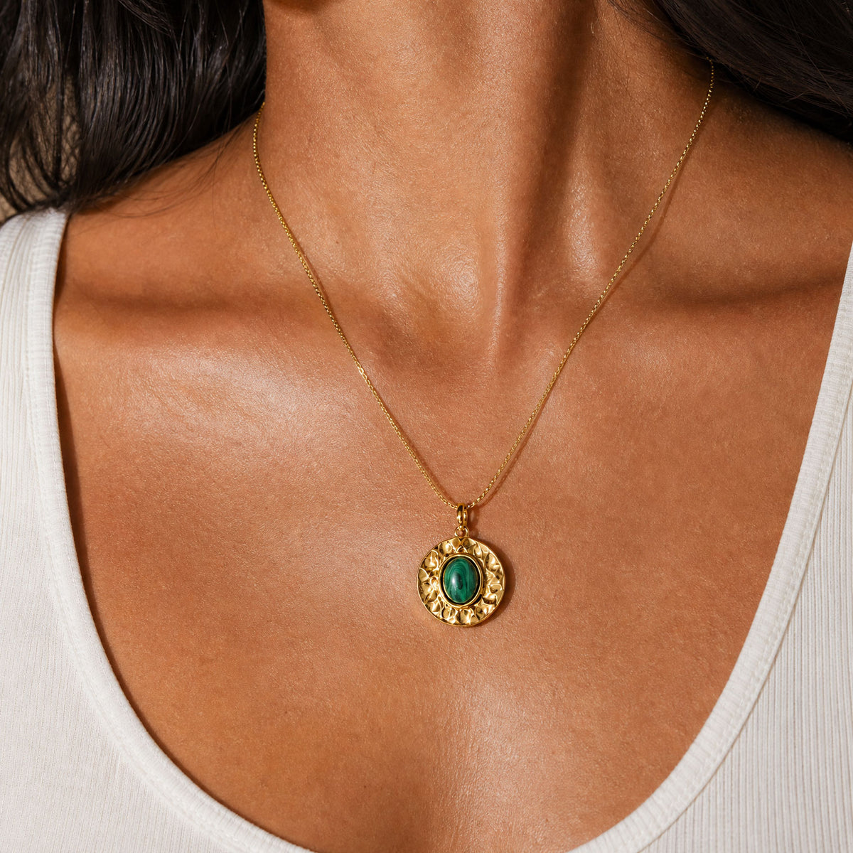 SAÉA Malachite Medallion Gold Filled Pendant on Snake Chain | 14-18" Adjustable