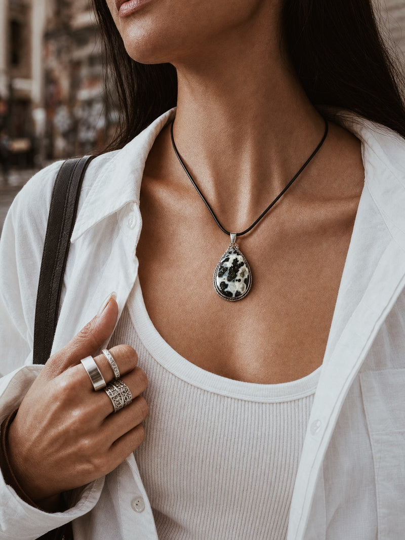 SAÉA Dendritic Agate Teardrop Pendant (Sterling Silver) on Black Leather Cord