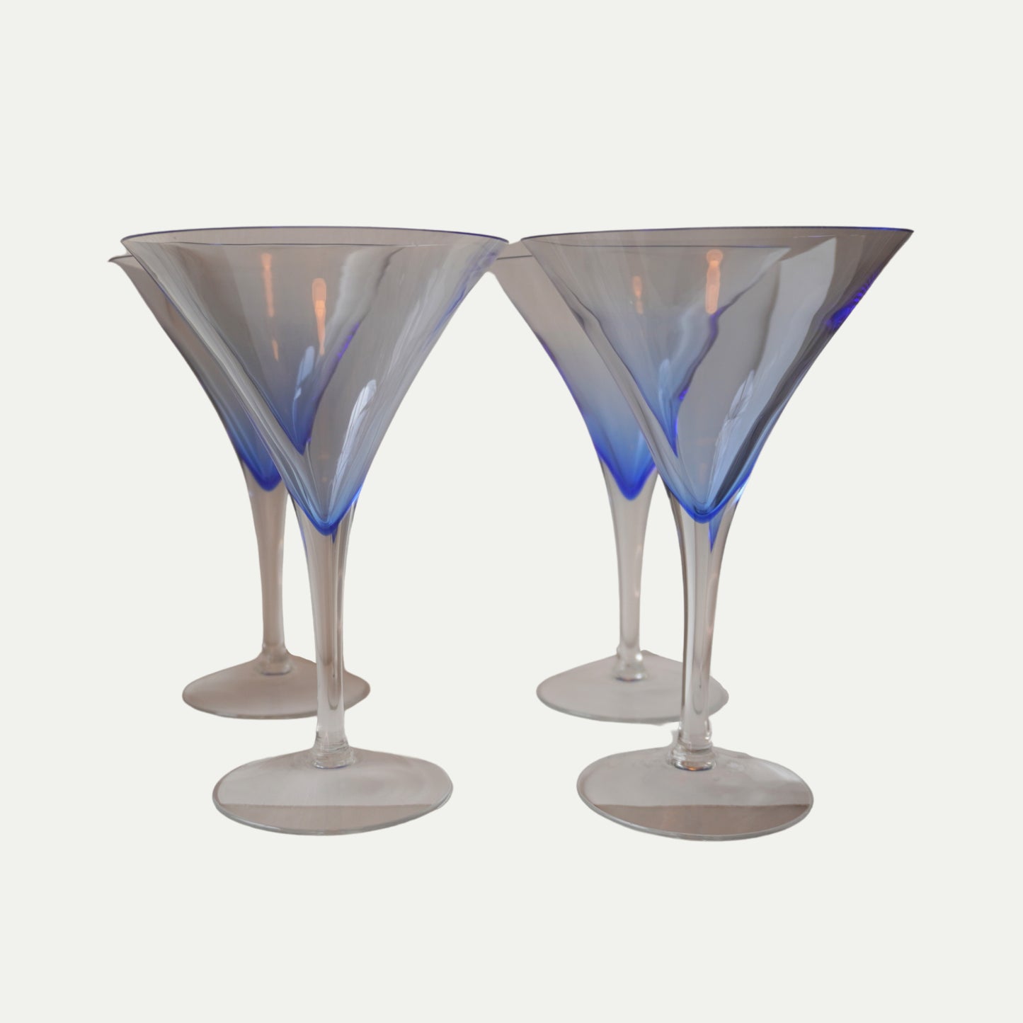 Vintage Set of 4 1970s Hand-Blown Krosno Blue Martini Glasses - Modernist Stemware - Antique - Collectible - Polish Origin