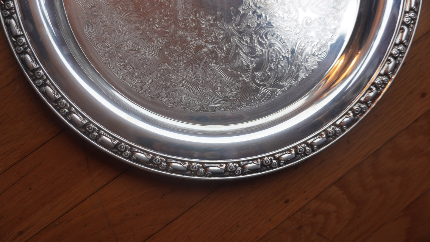 Vintage 1940s Silver-Plated Serving Tray – Ornate Floral Engraving - Oneida