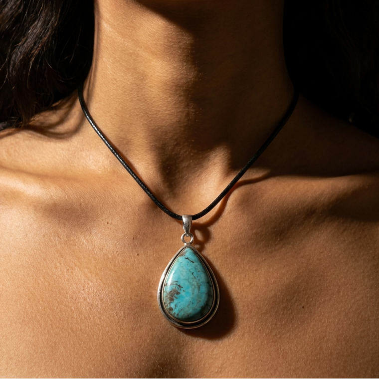 A close-up of a woman wearing a black cord necklace with a teardrop-shaped turquoise pendant set in a silver-toned bezel.