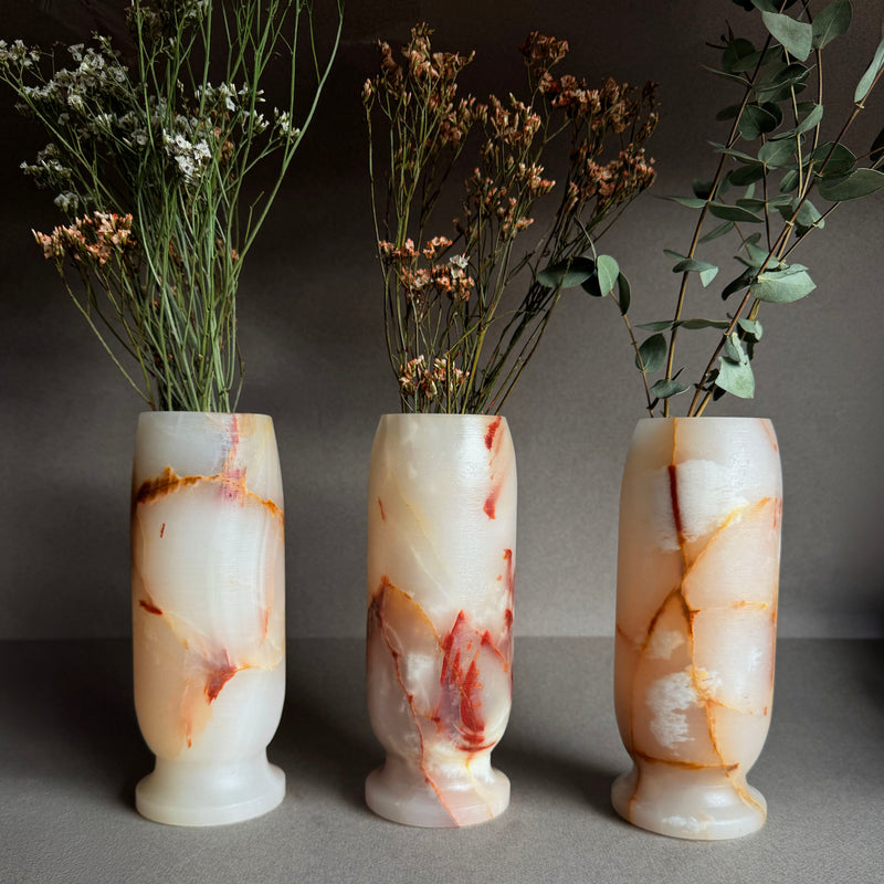 Hand carved blush pink and cream onyx Origin vases with dried florals, 8x3 natural stone sculptural flower vases with honey and rust veining