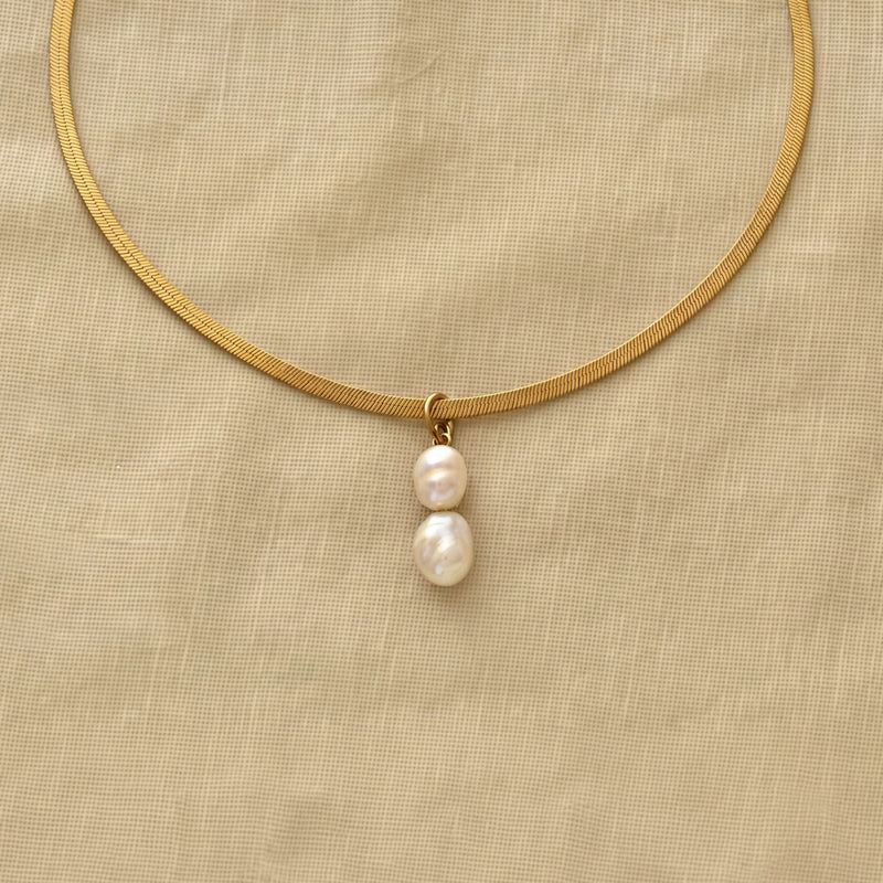 Double freshwater pearl drop pendant on 18K gold herringbone choker chain, pearl variant label, waterproof stainless steel necklace, SAÉA