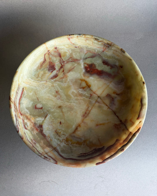 Hand carved green onyx pedestal bowl with sage and olive stone veining