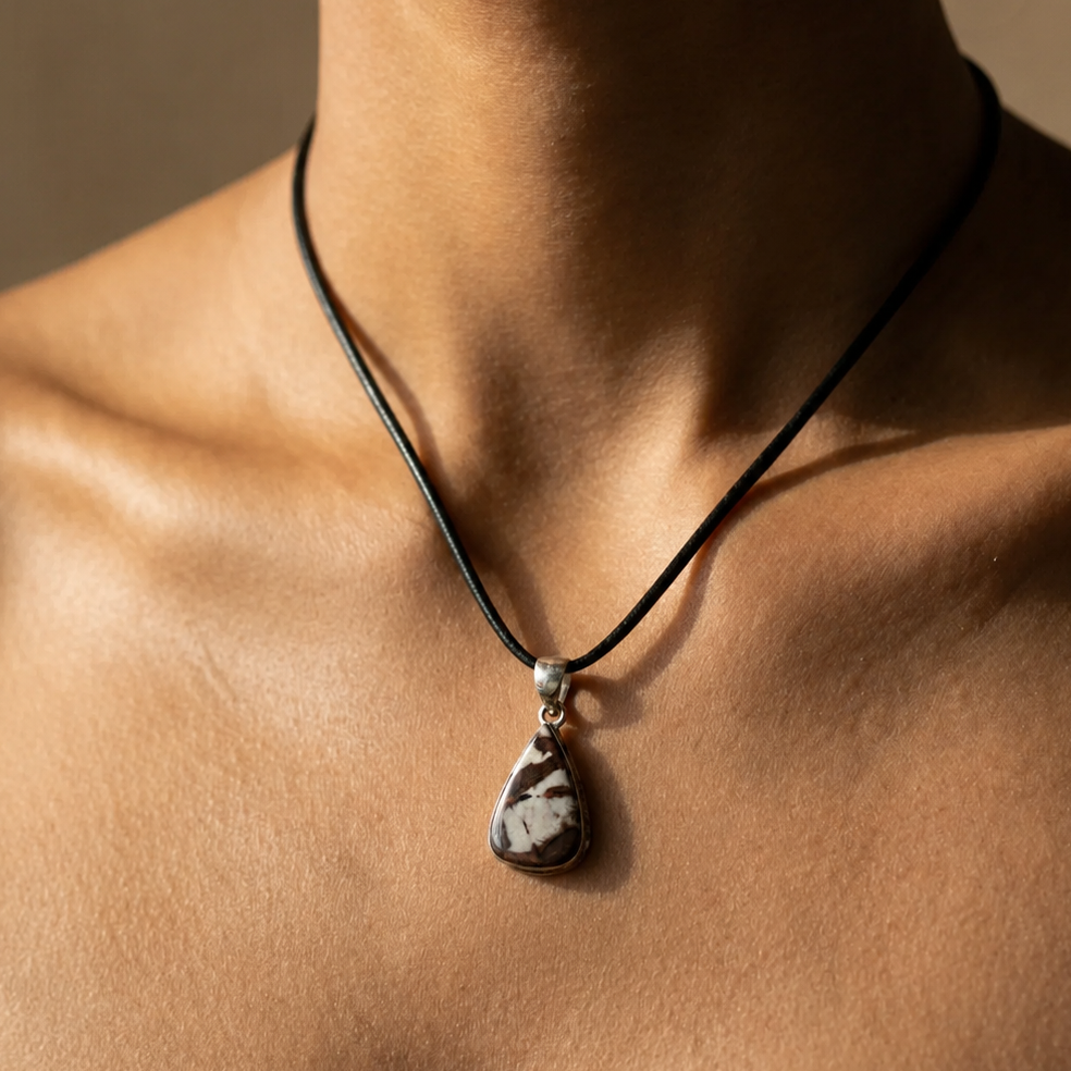 A close-up of a person's neck and upper chest wearing a black cord necklace with a teardrop-shaped dark stone pendant featuring light marbled inclusions.