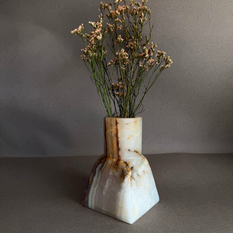 Natural lavender onyx vase styled with dried florals