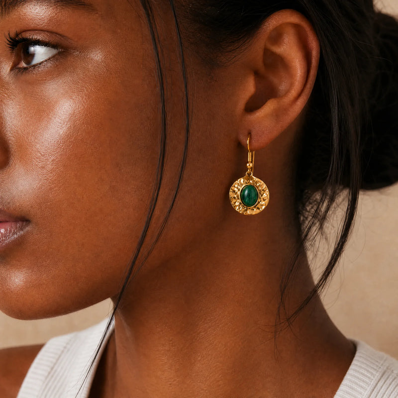 malachite gold earrings on black model