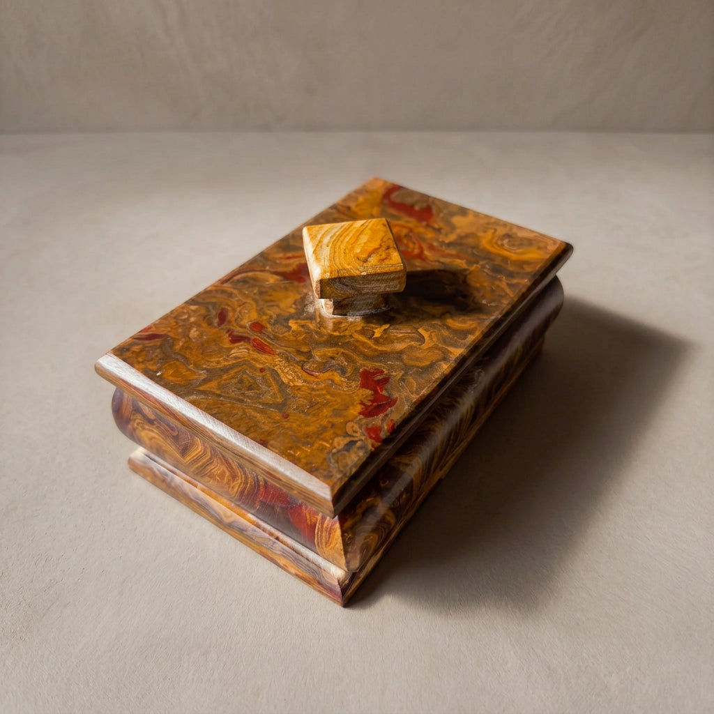High-angle view of an onyx box lid, caramel and espresso swirls with scattered brick-red veins around a two-tier honey onyx knob