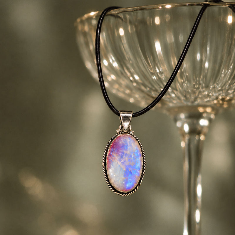 SAÉA Pink Moonstone Oval Pendant Necklace, Blush & Blue Flash (Sterling Silver) on Black Leather Cord