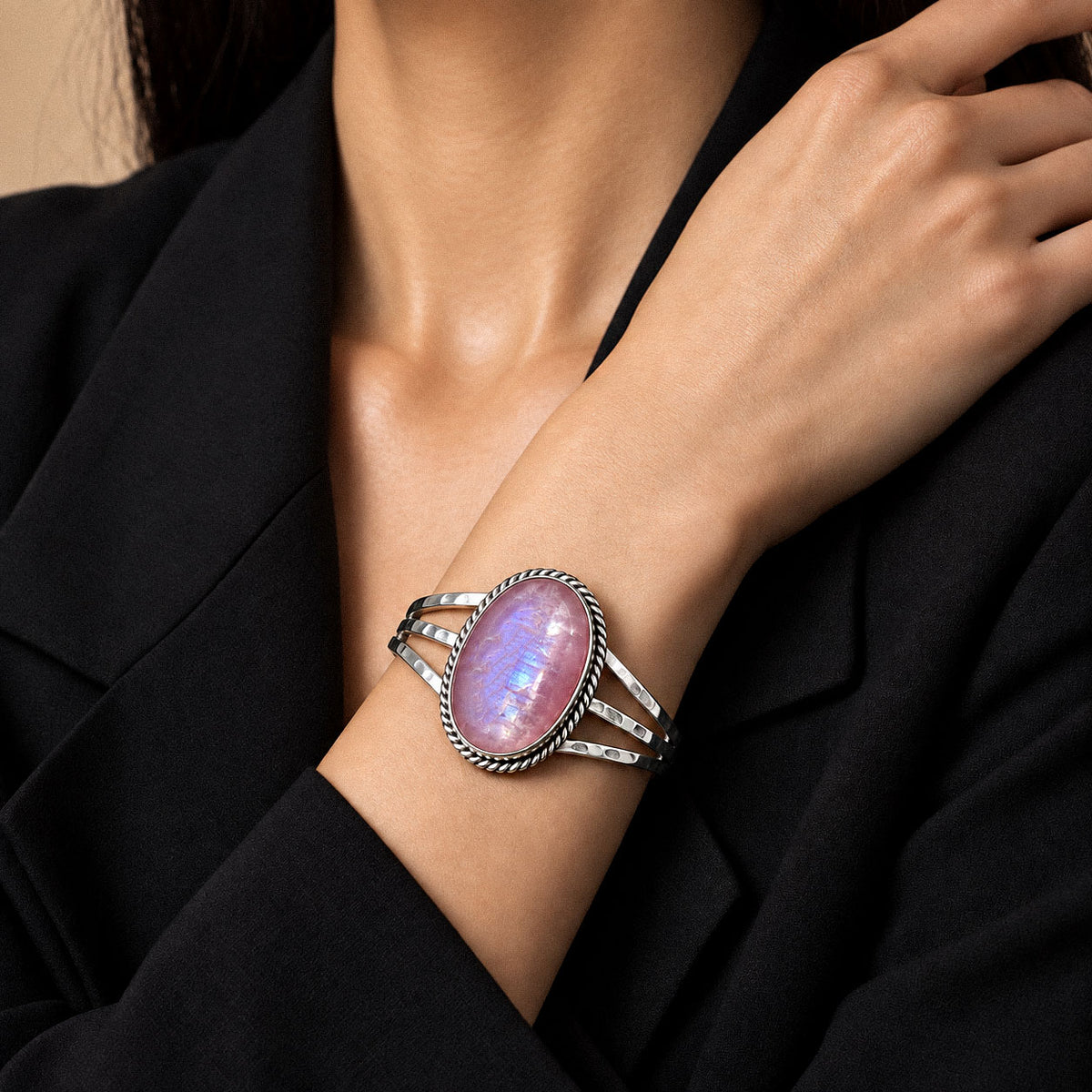 Orchid & silver | SAÉA Rare Pink Moonstone Cuff Bracelet in Sterling SIlver