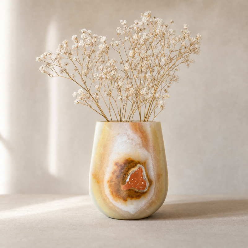 Decorative vase with a natural stone pattern containing dried flowers on a neutral background