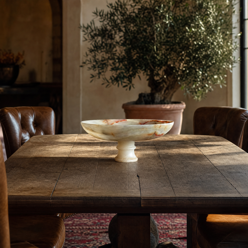 Decorative white onyx bowl on a wooden table with a plant and leather chairs in the background