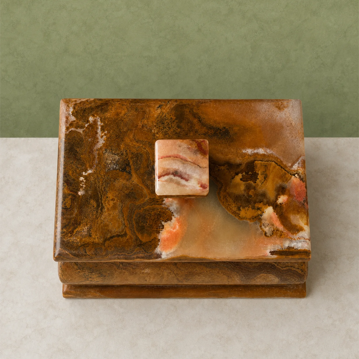 A rectangular decorative box made of polished agate or marble with swirling brown, amber, cream, and peach tones, featuring a small square inset of layered agate in the center and a dark clasp on the front, set against a two-tone green and beige background.