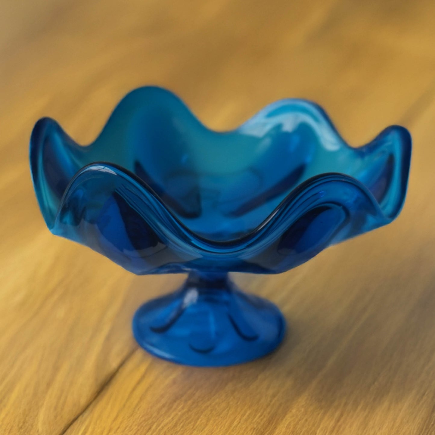 Vintage 1960s Viking Glass Bowl Blue Ruffled Compote – Mid-Century Modern - American Origin