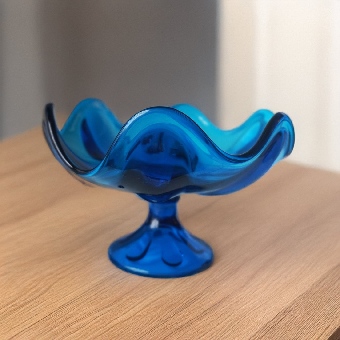 Vintage 1960s Viking Glass Bowl Blue Ruffled Compote – Mid-Century Modern - American Origin