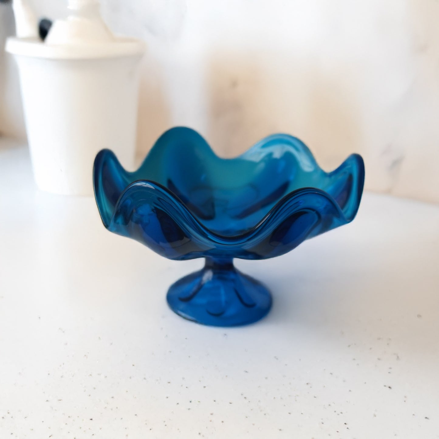 Vintage 1960s Viking Glass Bowl Blue Ruffled Compote – Mid-Century Modern - American Origin