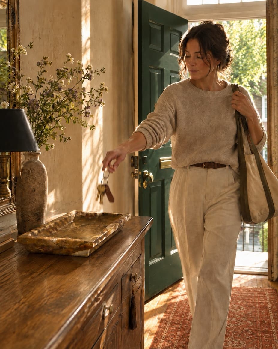 Coming home through the front door, keys dropping into the Dark Tobacco onyx catchall tray on the console