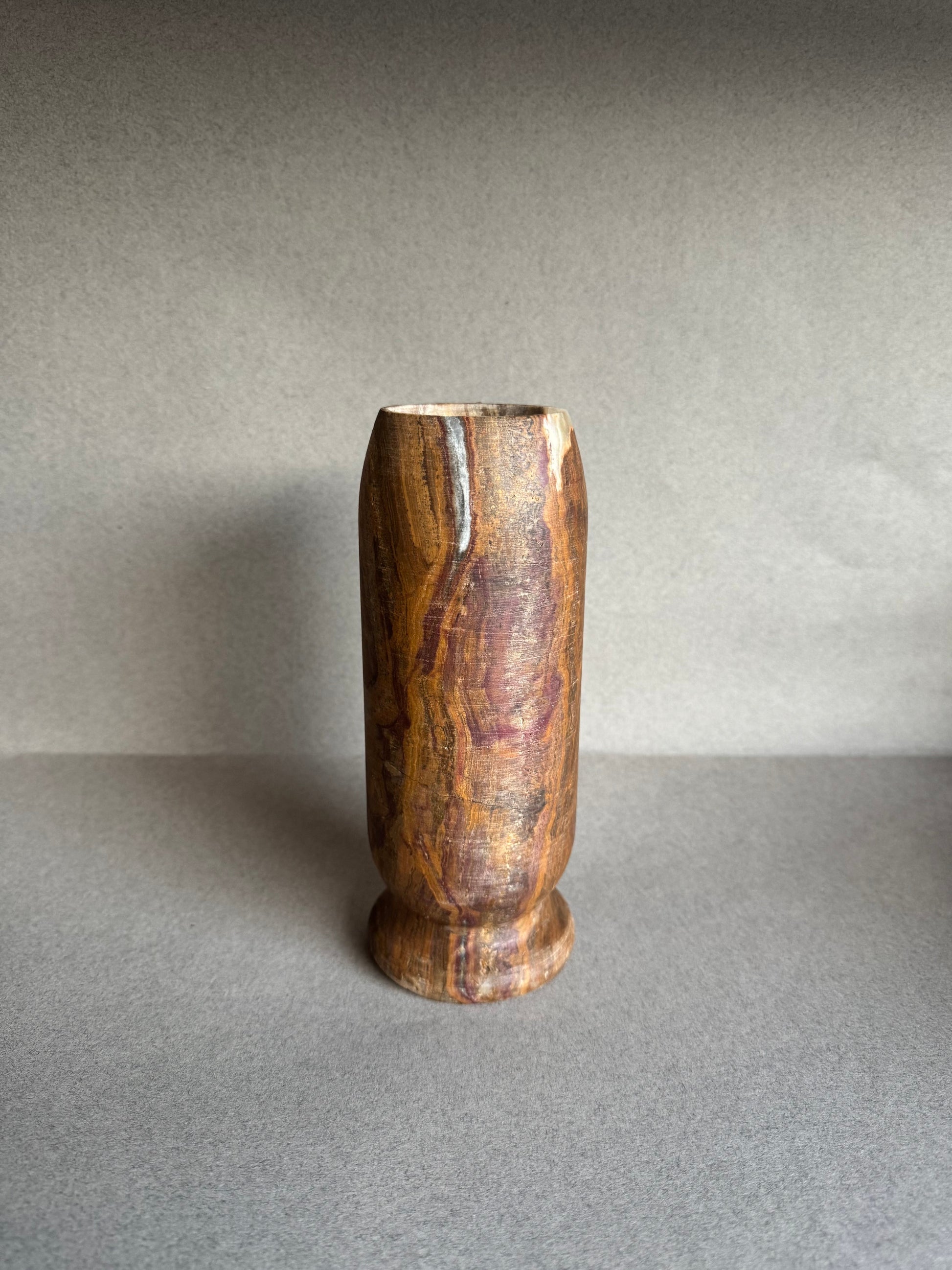 Brown natural onyx stone vase hand carved and designed in San Diego California 