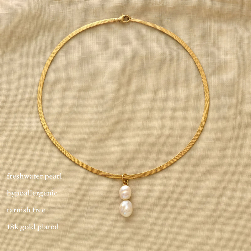 Double freshwater pearl drop pendant on 18K gold herringbone choker chain, pearl variant label, waterproof stainless steel necklace, SAÉA