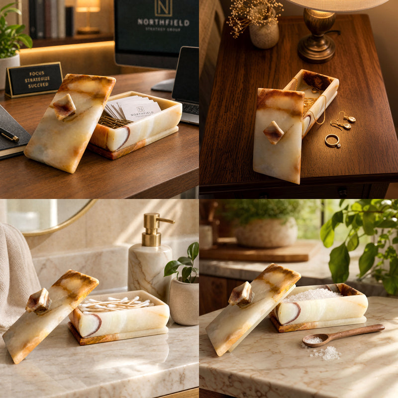 Hand-carved amber, ivory, and pink onyx keepsake box with knob lid styled four ways — as a desk organizer holding paperclips and business cards, a nightstand jewelry box with gold earrings and rings, a bathroom vanity catchall with cotton swabs, and a kitchen salt cellar with wooden spoon
