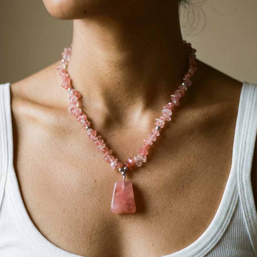 SAÉA Cherry Quartz Pendant Necklace — 20" Pink Stone