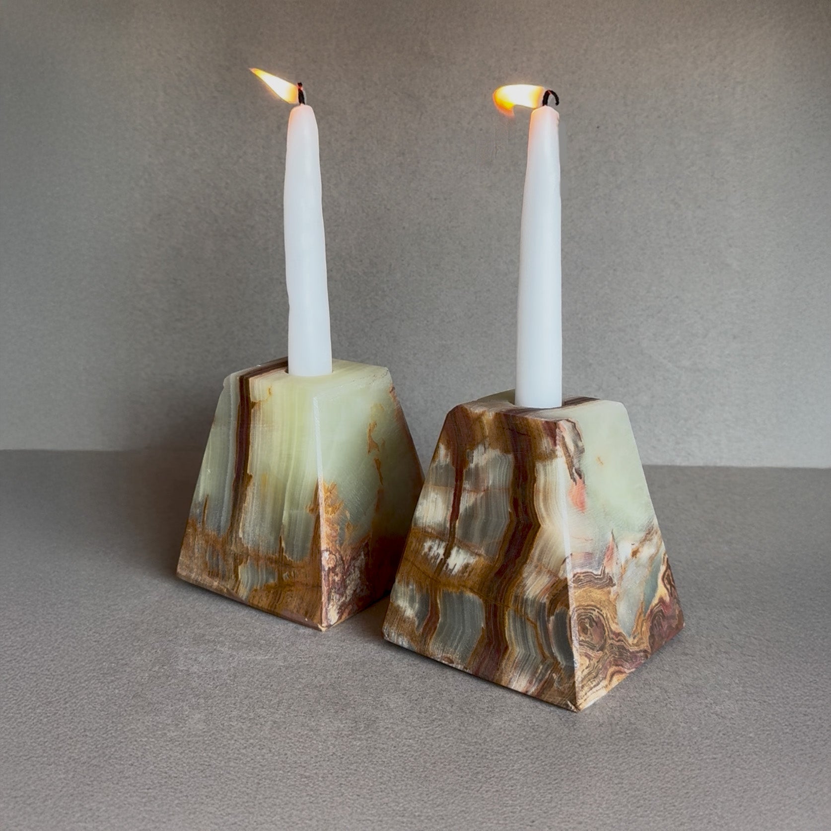 Sage green onyx candle holders with rust and sienna veining – pyramid taper set


