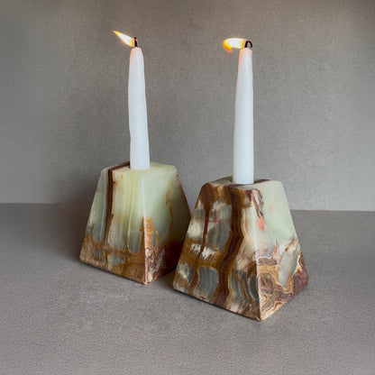 Sage green onyx candle holders with rust and sienna veining – pyramid taper set

