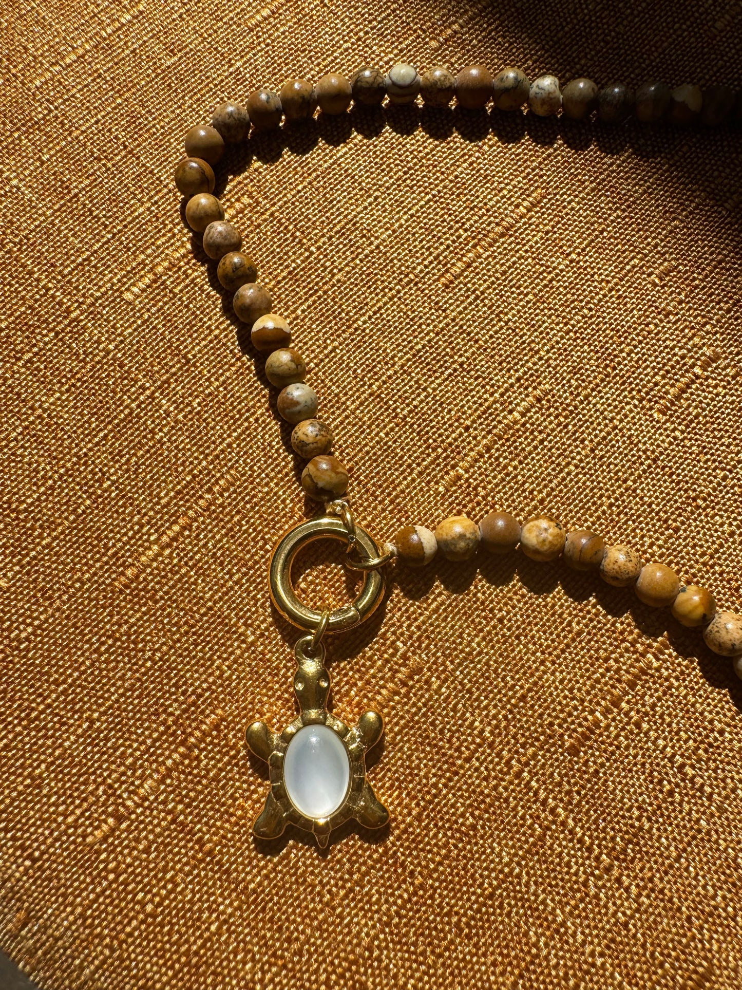 Mother of Pearl Turtle Pendant Necklace in a Turquoise or Picture Jasper Beaded Chain
