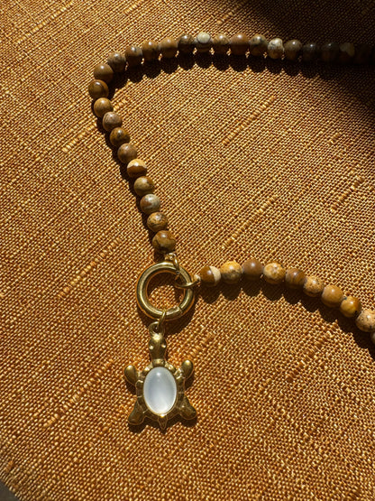 Mother of Pearl Turtle Pendant Necklace in a Turquoise or Picture Jasper Beaded Chain