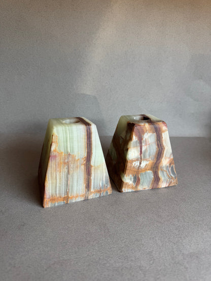 Hand-carved natural onyx taper holders – sage stone with warm earthy tones

