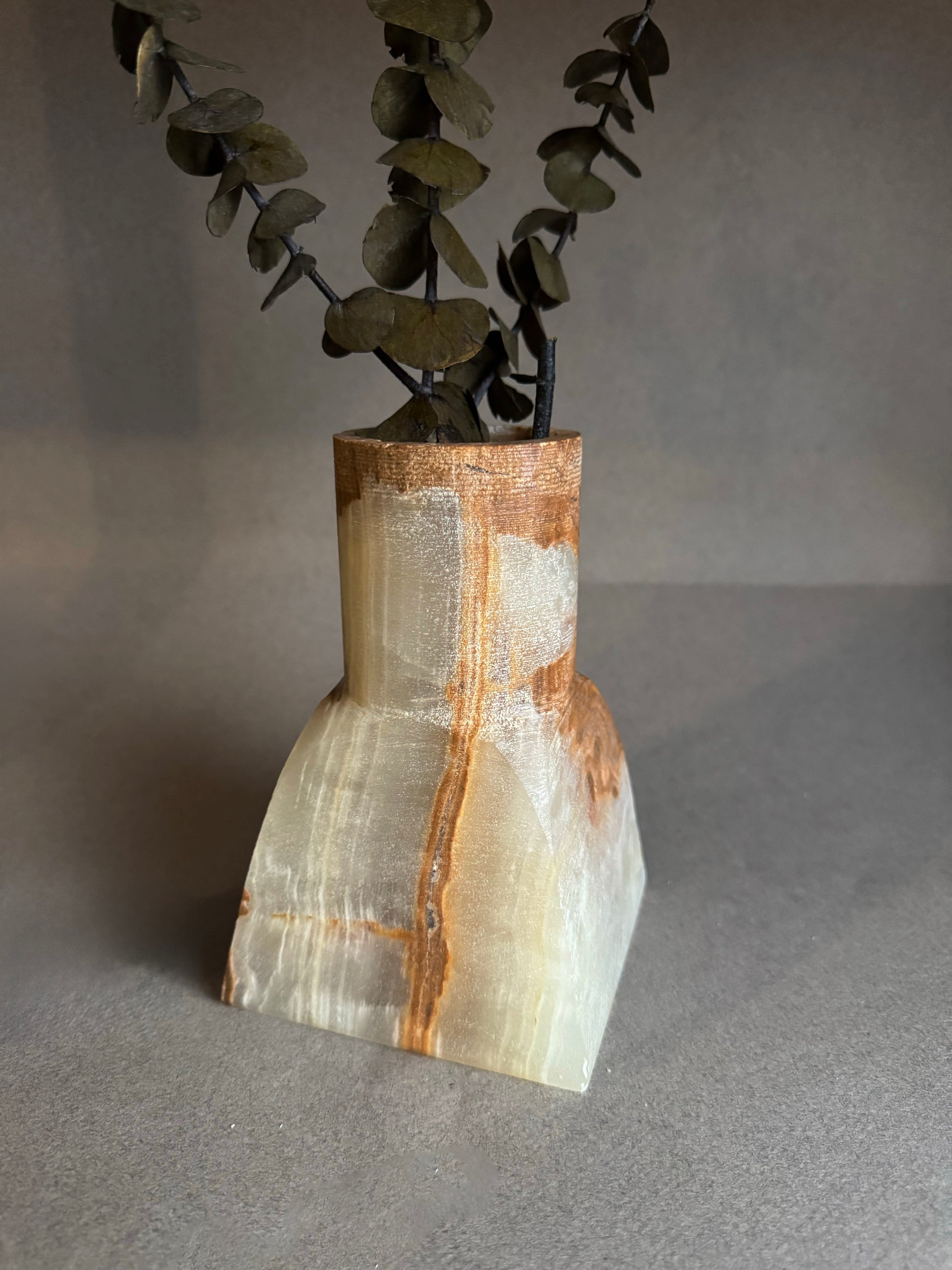 Stone vase with a natural grain pattern containing a plant on a gray background