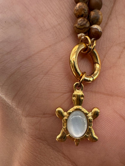 Mother of Pearl Turtle Pendant Necklace in a Turquoise or Picture Jasper Beaded Chain
