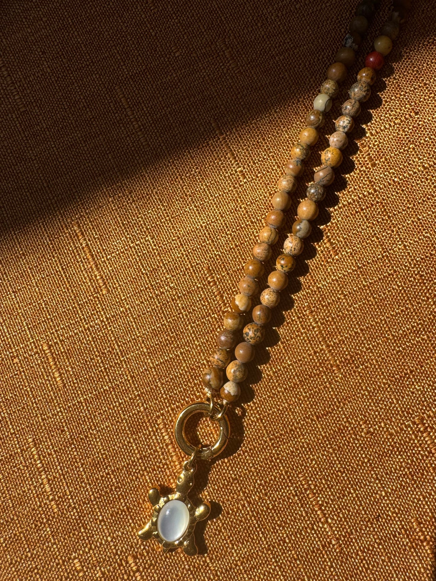 Mother of Pearl Turtle Pendant Necklace in a Turquoise or Picture Jasper Beaded Chain