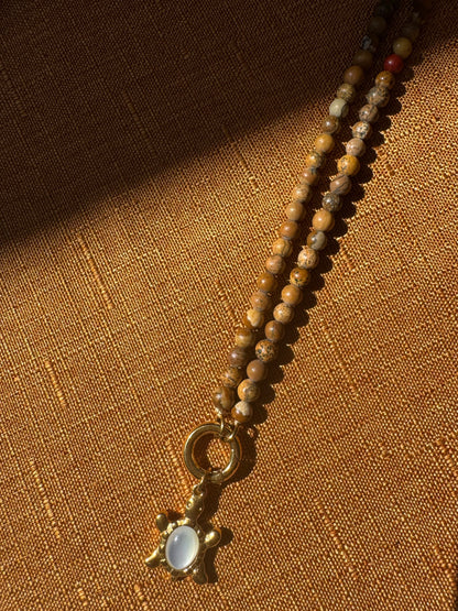 Mother of Pearl Turtle Pendant Necklace in a Turquoise or Picture Jasper Beaded Chain