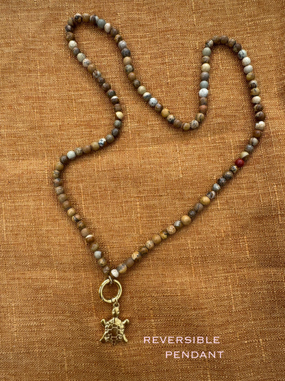 Mother of Pearl Turtle Pendant Necklace in a Turquoise or Picture Jasper Beaded Chain