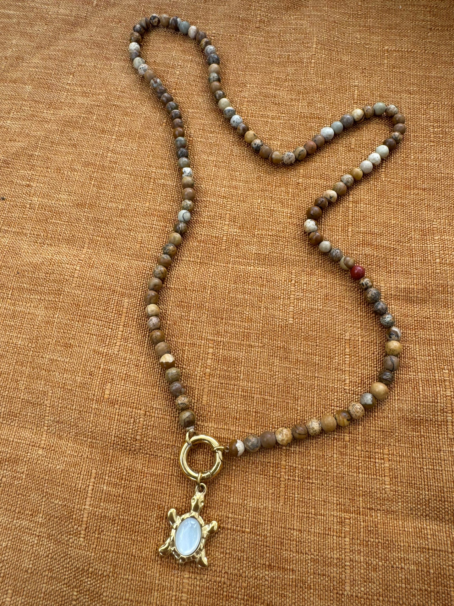 Mother of Pearl Turtle Pendant Necklace in a Turquoise or Picture Jasper Beaded Chain