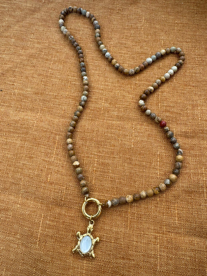 Mother of Pearl Turtle Pendant Necklace in a Turquoise or Picture Jasper Beaded Chain