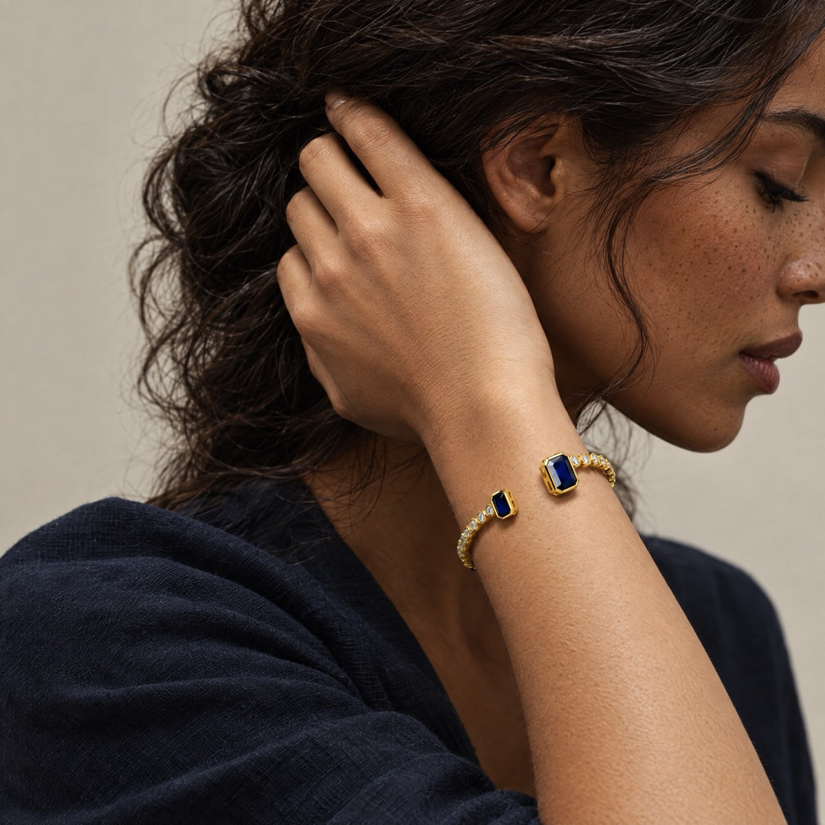 Deep blue & gold | SAÉA Emerald-Cut Open Cuff Bracelet