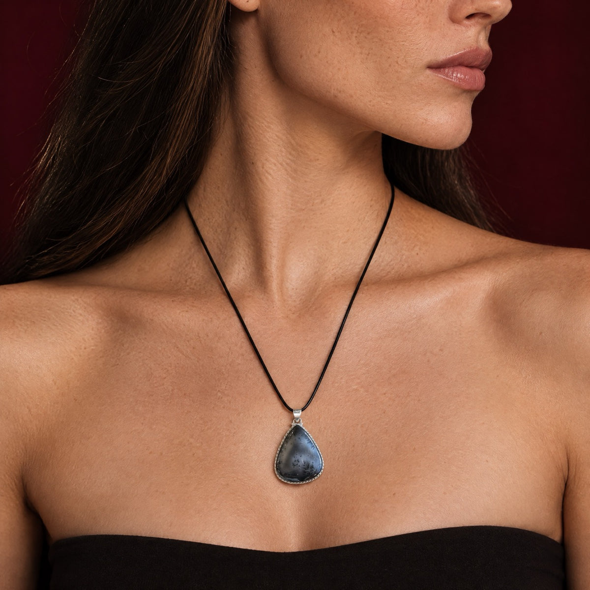 Storm gray & cloud | SAÉA Dendritic Opal Teardrop Pendant Necklace in Sterling Silver