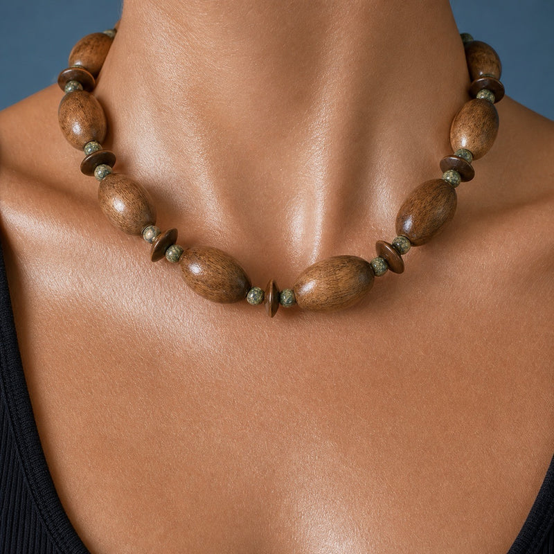 SAÉA Wood & Serpentine Chunky Beaded Necklace | Vintage, One of One